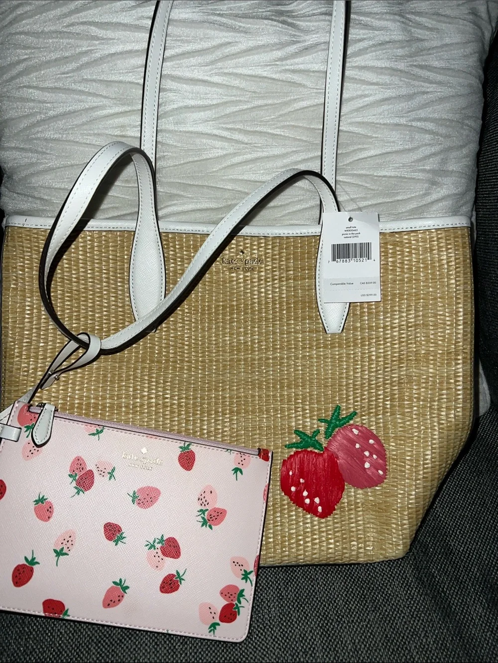 kate spade Straw Tote with White Trim and Pink Strawberry Pouch